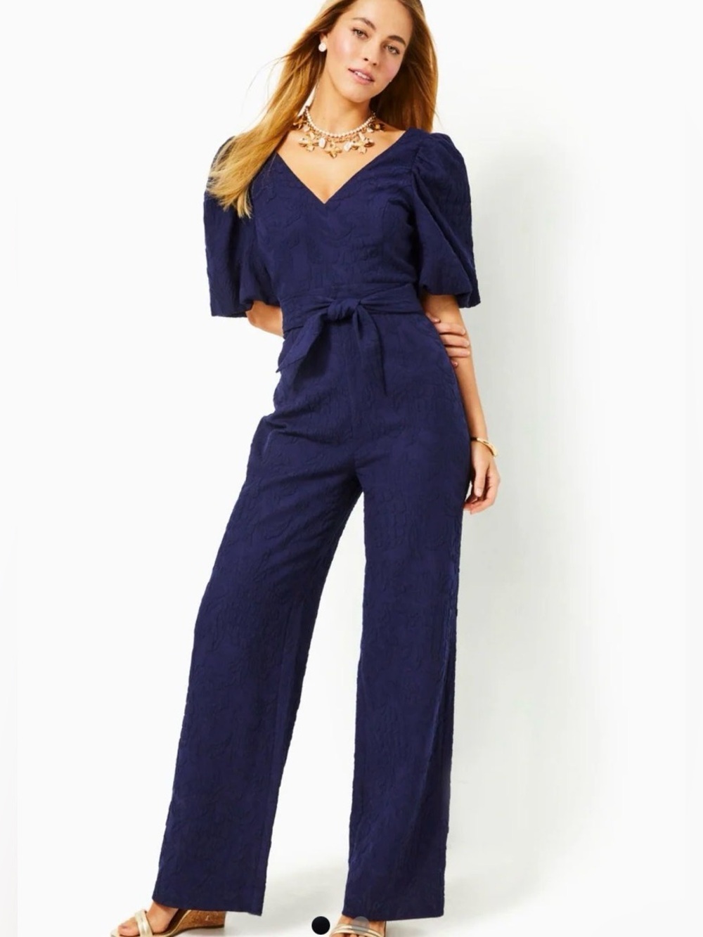 Lilly Pulitzer Navy V-Neck Puff Sleeve Wide-Leg Jumpsuit True Navy No Belt 6